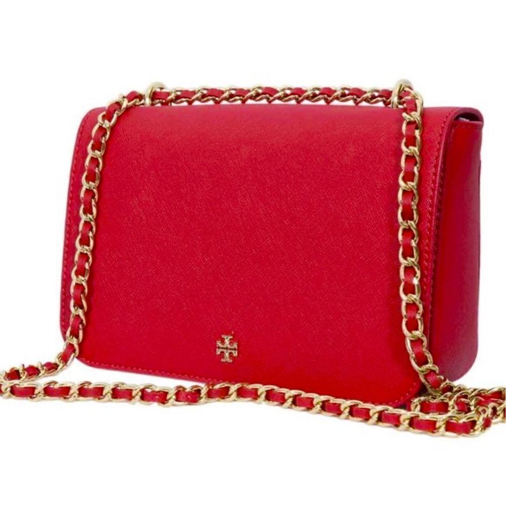 Tory Burch Emerson Saffiano Leather Chain Crossbody Shoulder Bag Bright Orange